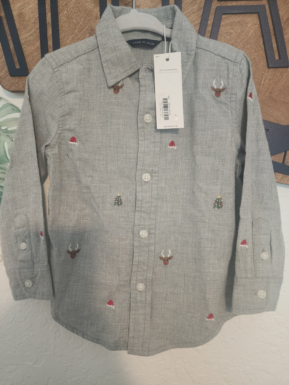Janie and Jack Boys' Gray Embroidered Holiday Button-Up Shirt